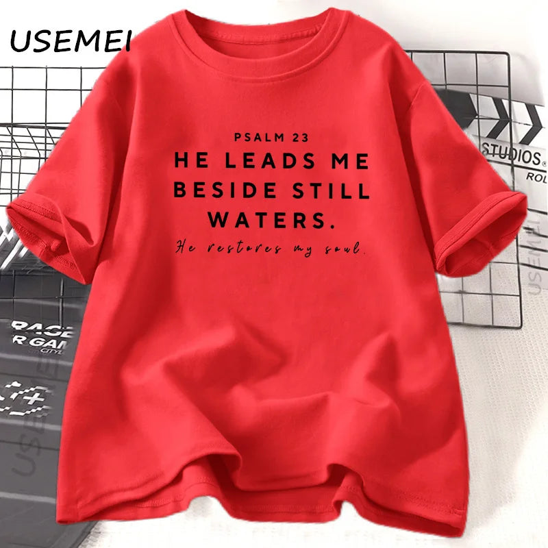Christian Tshirts Women Bible Study God T-Shirt Jesus Tshirt Christian Mom Bible Verse Tee Psalm 23 Printed T-Shirt Cotton Top