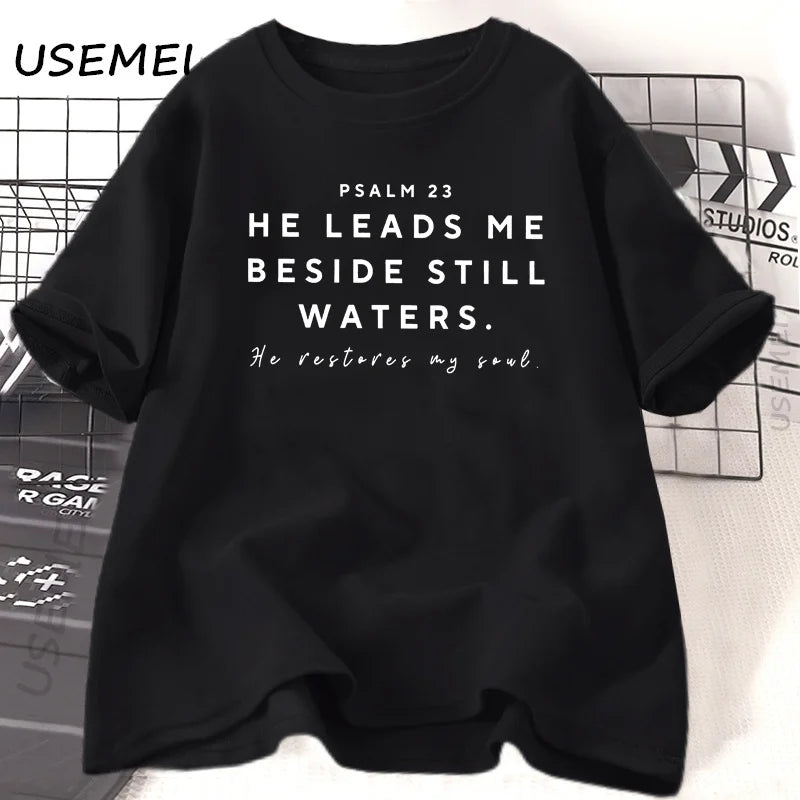 Christian Tshirts Women Bible Study God T-Shirt Jesus Tshirt Christian Mom Bible Verse Tee Psalm 23 Printed T-Shirt Cotton Top