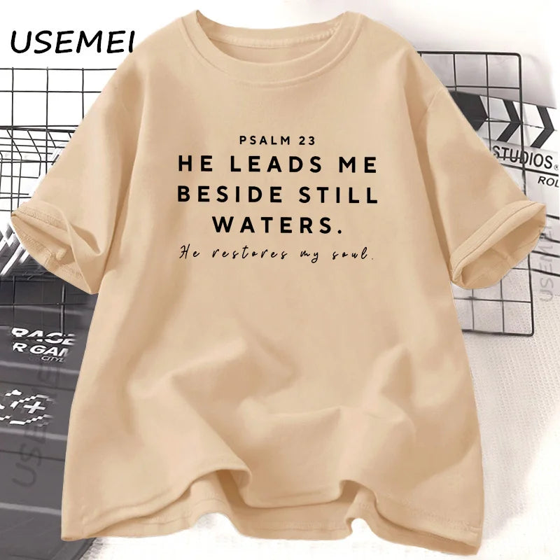 Christian Tshirts Women Bible Study God T-Shirt Jesus Tshirt Christian Mom Bible Verse Tee Psalm 23 Printed T-Shirt Cotton Top