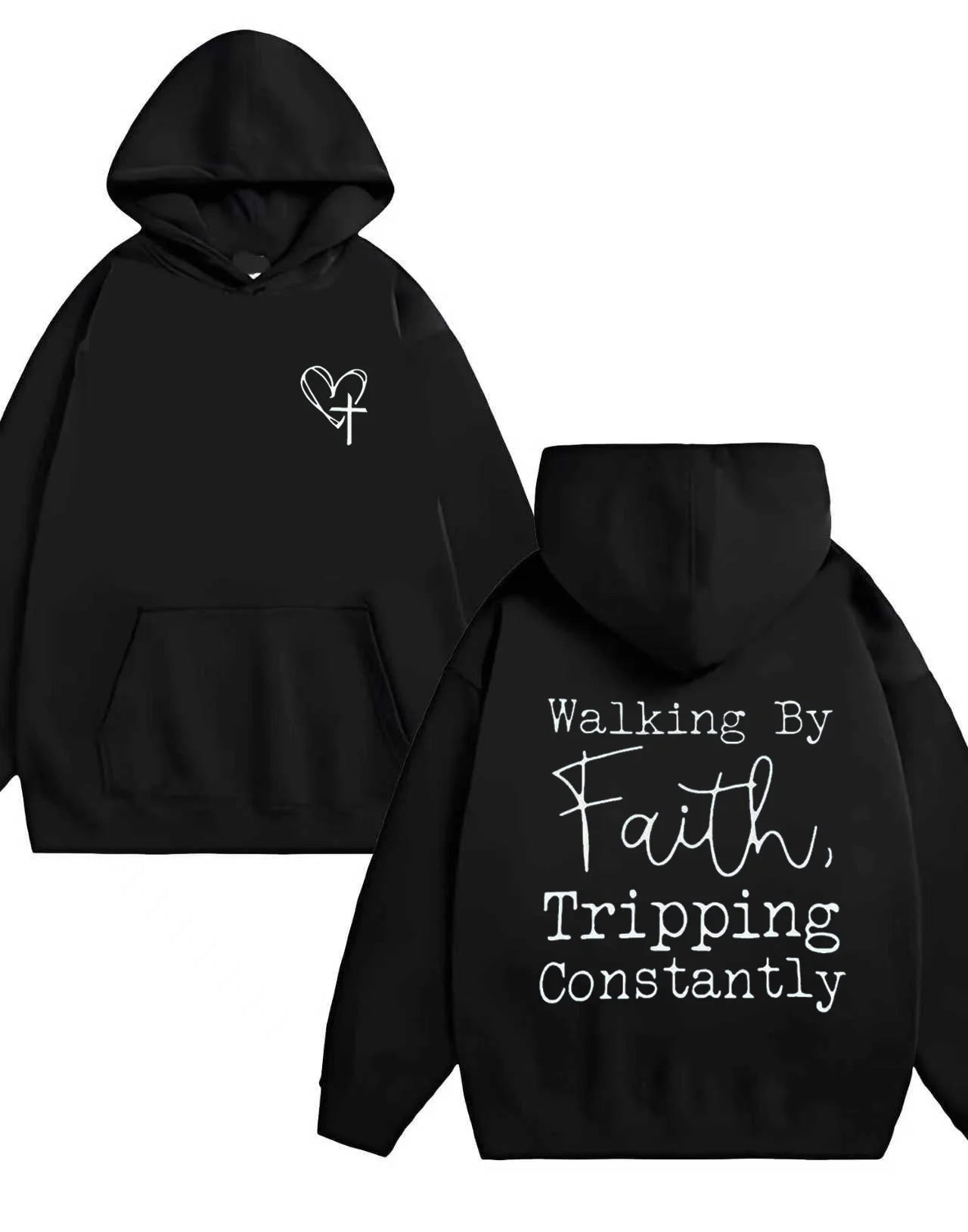 Christian Faith Printed 330G heavy - duty hooded sweatshirt Walking By Faith Tripping Constantly Heart Cross Design Hoodie