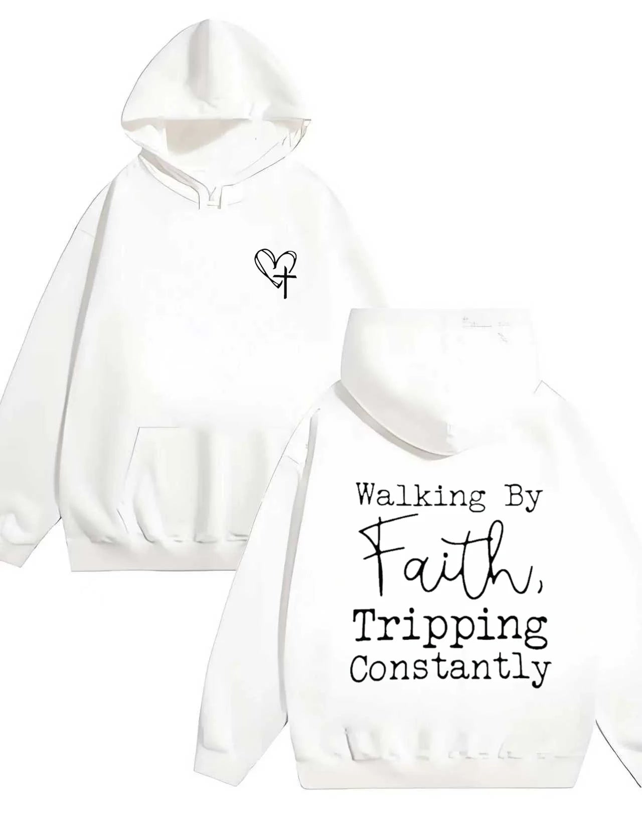 Christian Faith Printed 330G heavy - duty hooded sweatshirt Walking By Faith Tripping Constantly Heart Cross Design Hoodie